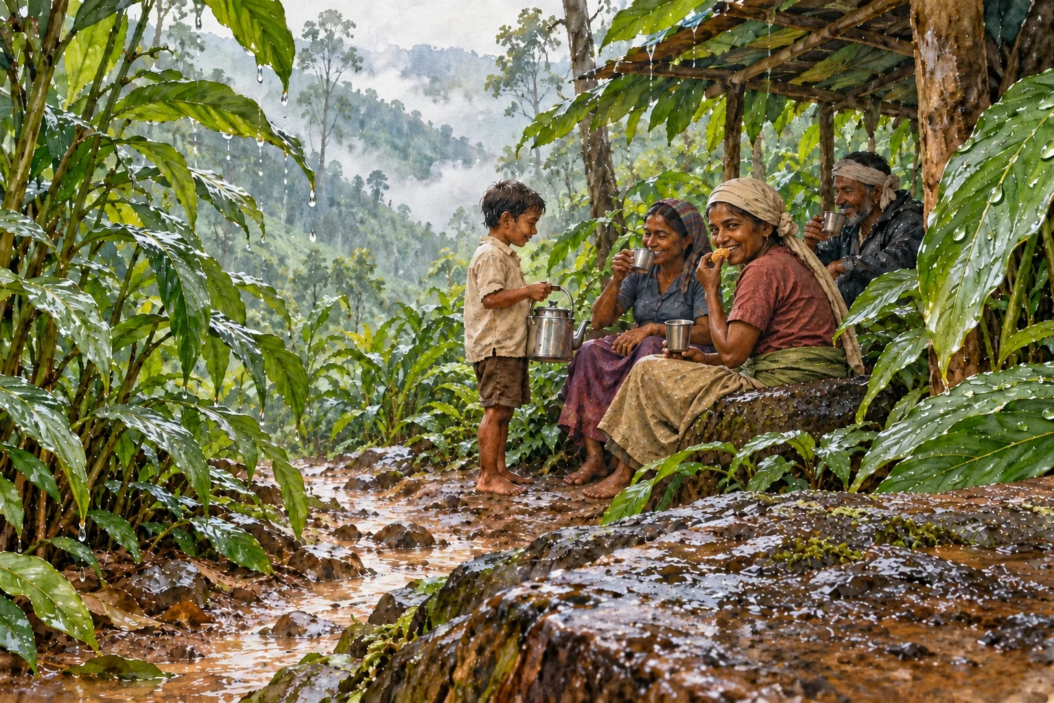 Watercolor illustration of a child bringing tea to workers in a rainy cardamom plantation, with a worker biting a piece of jaggery while holding a tea cup.