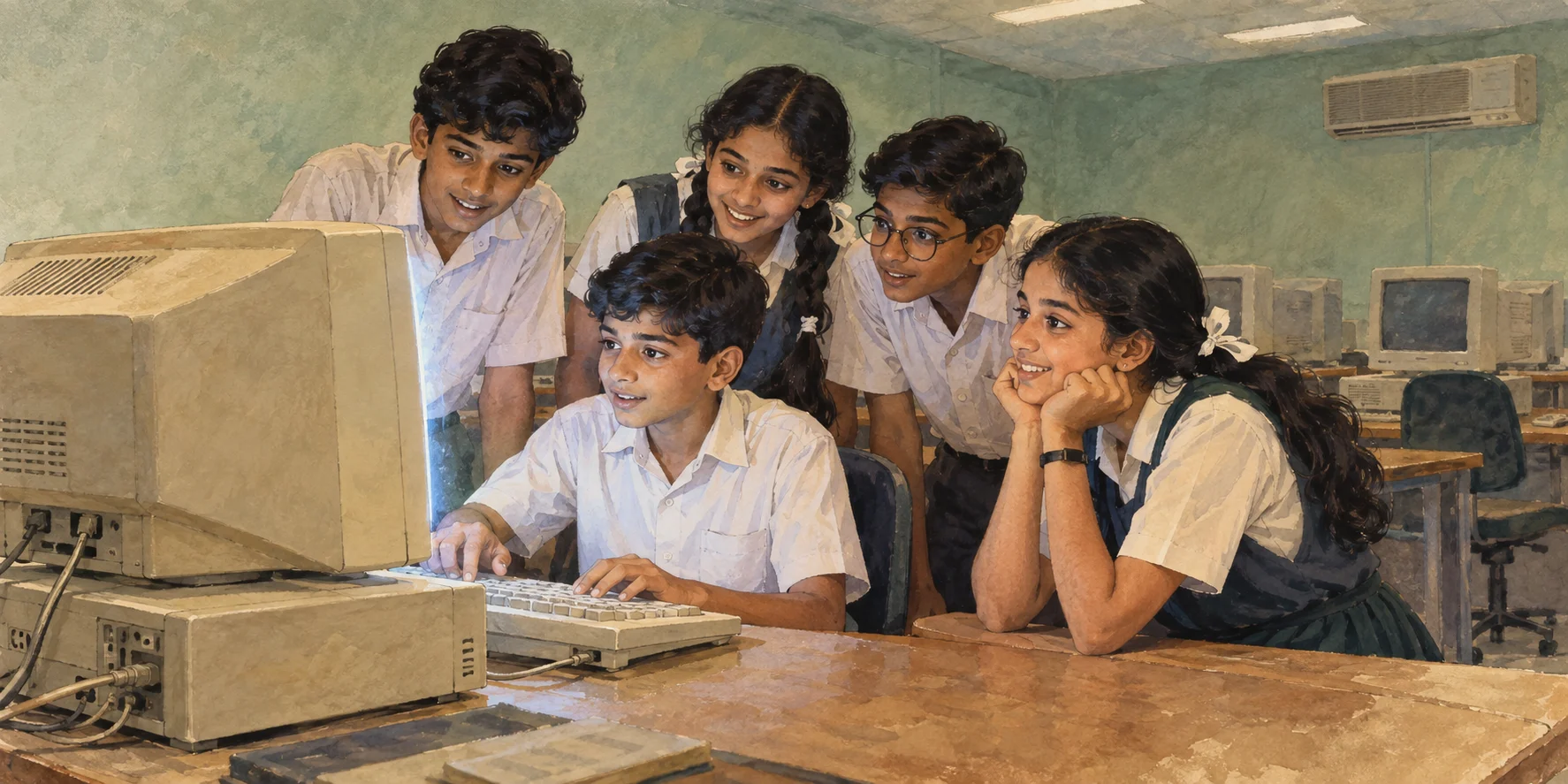 Watercolor illustration of five schoolchildren gathered around a beige desktop computer in a 1996 Kerala school lab.