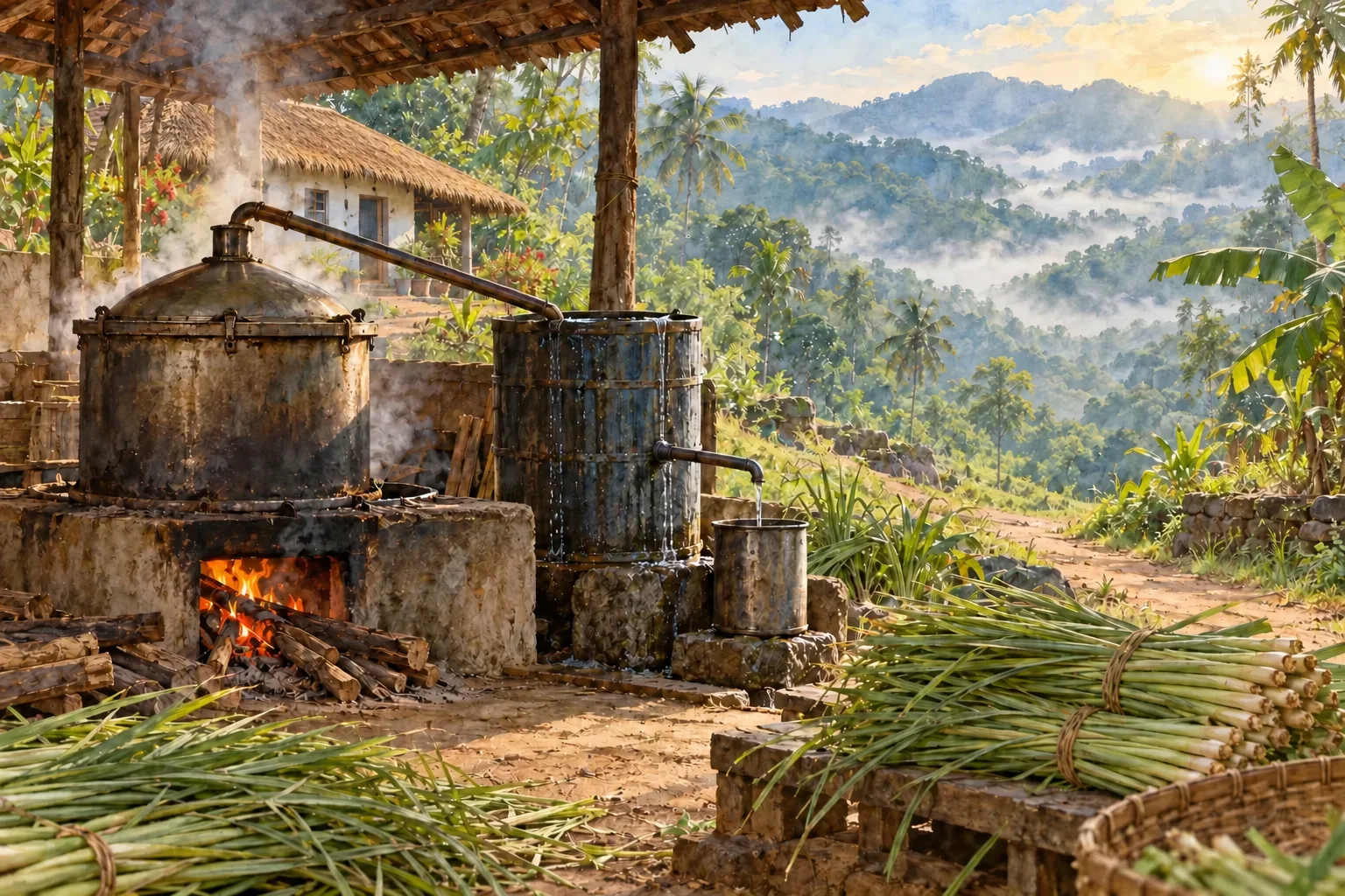 Illustration of a wood-fired lemongrass distillery beside a Kerala home, with bundles of grass and misty hills beyond.