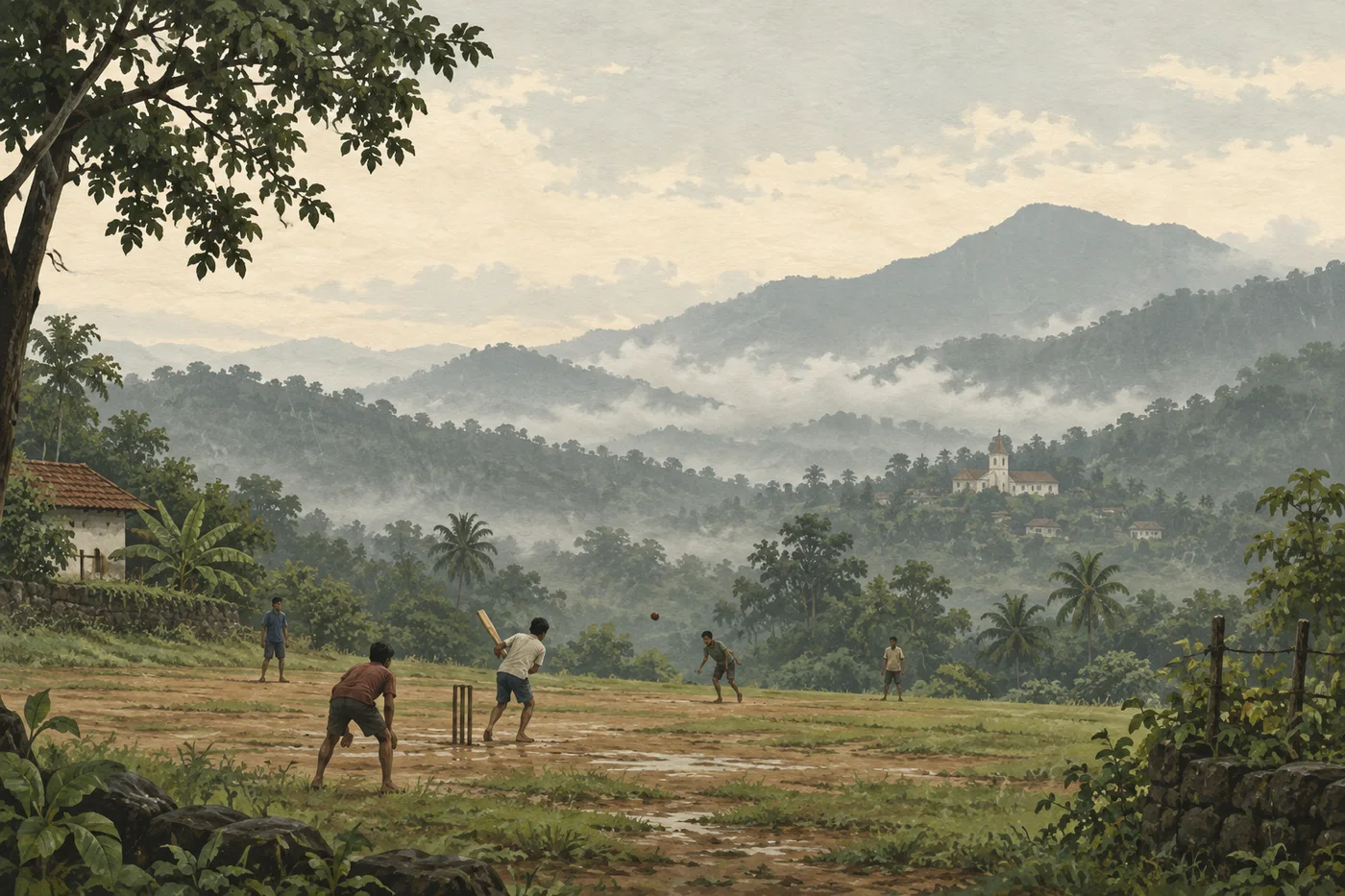 Representative illustration of friends playing village cricket among misty green hills in Kerala.