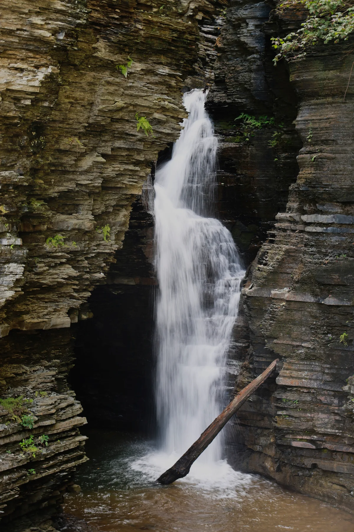 A waterfall flowing between layered rock walls at Watkins Glen.